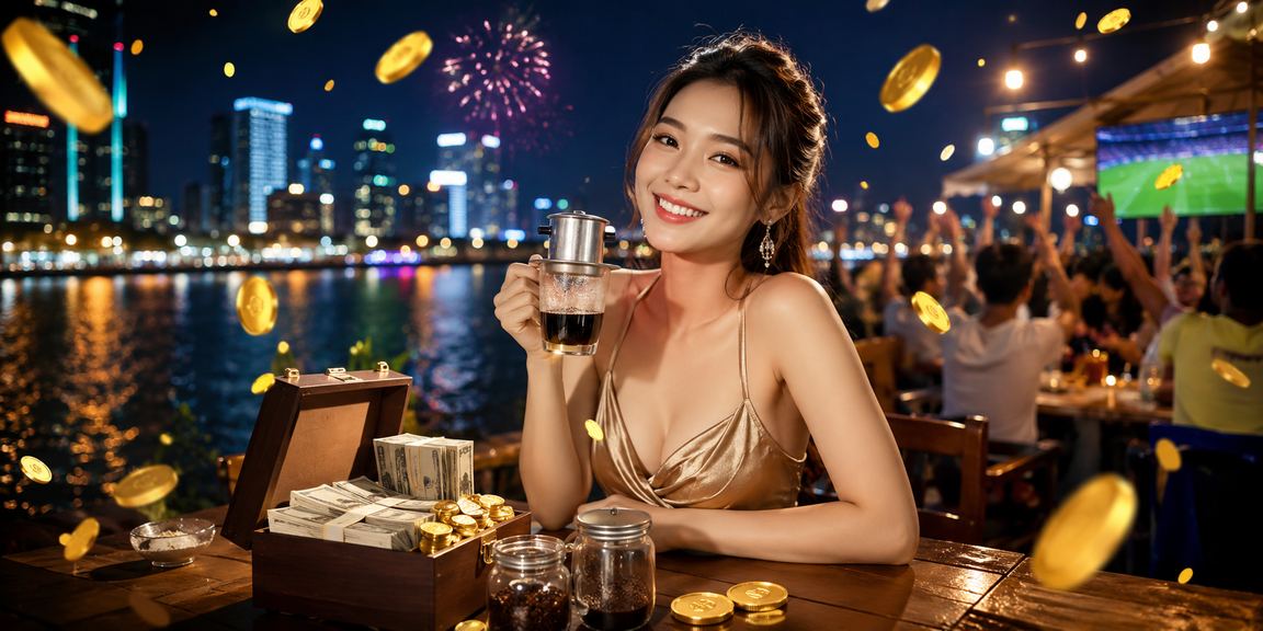 Cảnh sông Mê Kông với người dùng xem kết quả cá cược và uống cà phê