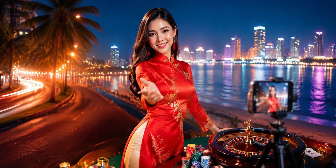 Khung cảnh biển Mũi Né với người dùng thao tác đặt cược trên điện thoại